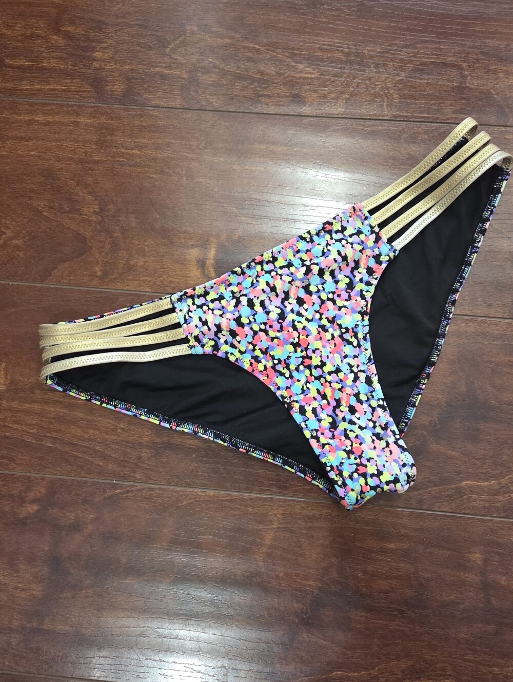 Victoria's Secret Neon Splatter Gold Strappy Bikini Bottoms Small Like New